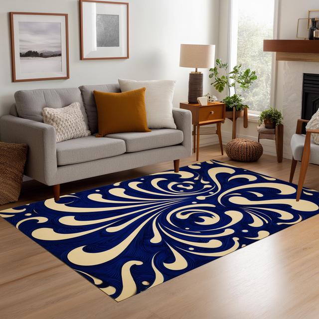 Abstrakter blauer Wirbelteppich: Fließendes, modernes Design, tiefes Marine-Wellenmuster, künstlerisches zeitgenössisches Dekor on Productcaster.