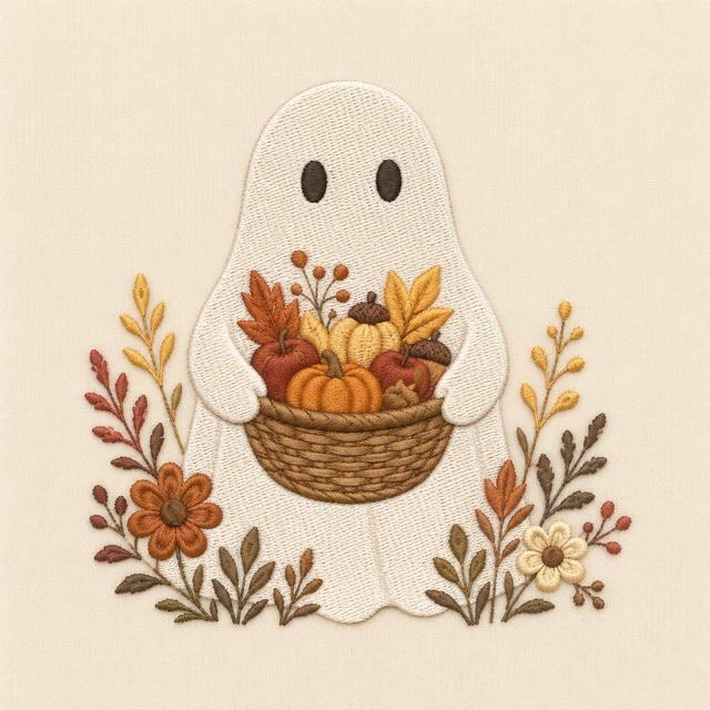 Stickdatei „Erntekorb-Geist", niedlicher Herbstgeist mit Kürbis, Äpfeln und Eicheln, Herbst-Stickdatei on Productcaster.