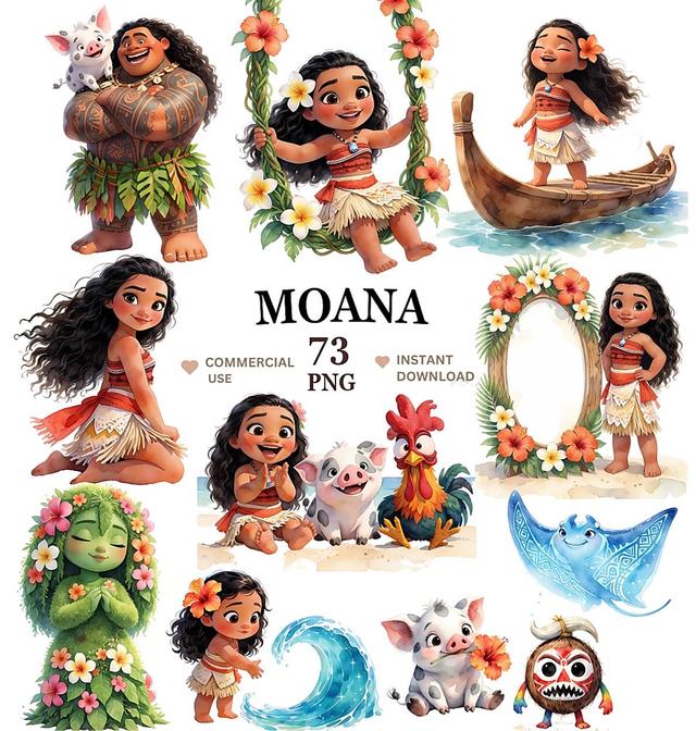 Niedliches digitales Aquarell-Set mit Vaiana-Motiven * Niedliche Illustrationen * Für Kindergeburtstage * Digitales Aquarell-Set mit Vaiana-Motiven * on Productcaster.