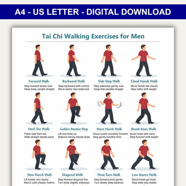 Tai Chi Walking Exercises for Men, Printable Tai Chi Exercise Chart, Tai Chi Walking Printable, Tai Chi Walking Chart, Tai Chi Poster PDF on Productcaster.