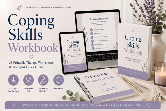 Arbeitsbuch zu Bewältigungsstrategien, Therapie-Arbeitsblätter (PDF), Selbsthilfe-Tagebuch, Stressbewältigungs-Vorlagen zum Ausdrucken, Therapeutenmat on Productcaster.