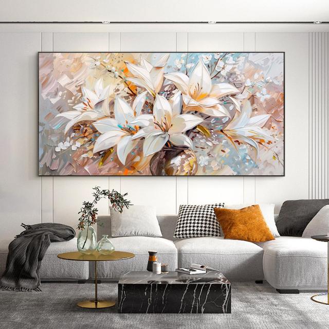 Weiße Lilie Ölgemälde, große abstrakte Blumen Impasto Leinwand Kunst on Productcaster.