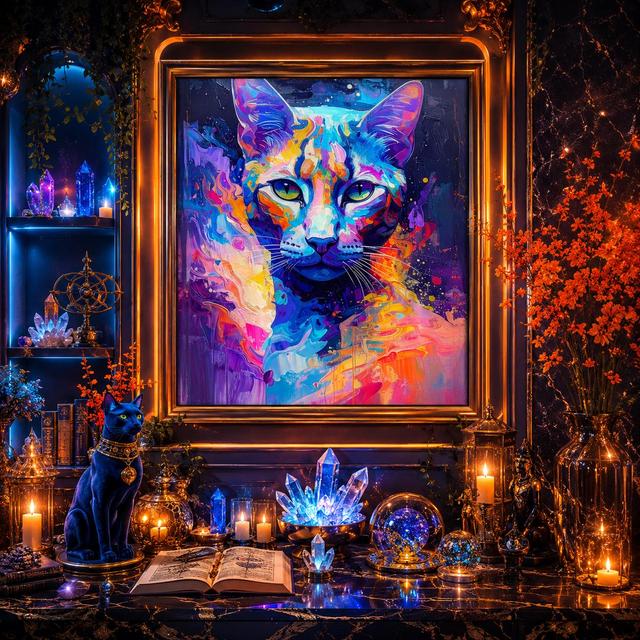 Magische Katzen-Wandkunst, farbenfroher Fantasy-Katzendruck, lebendige mystische Katzendekoration, modernes Haustier-Dekor on Productcaster.