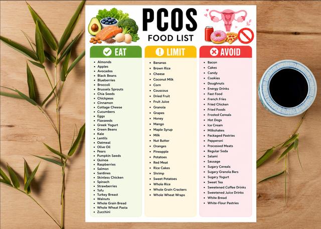 PCOS-Lebensmittelliste zum Ausdrucken | Liste mit Lebensmitteln, die Sie essen, einschränken oder meiden sollten | Einkaufsführer für die PCOS-Diät | on Productcaster.