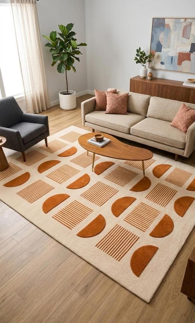Hand getufteter Wollteppich | Mid-Century Modern Geometrischer Sonnenuntergang Teppich on Productcaster.