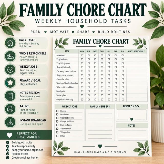 Druckbarer Familien-Aufgabenplan | Wöchentliche Haushaltsaufgaben, Kinderroutine & Verantwortlichkeiten im Blick behalten on Productcaster.