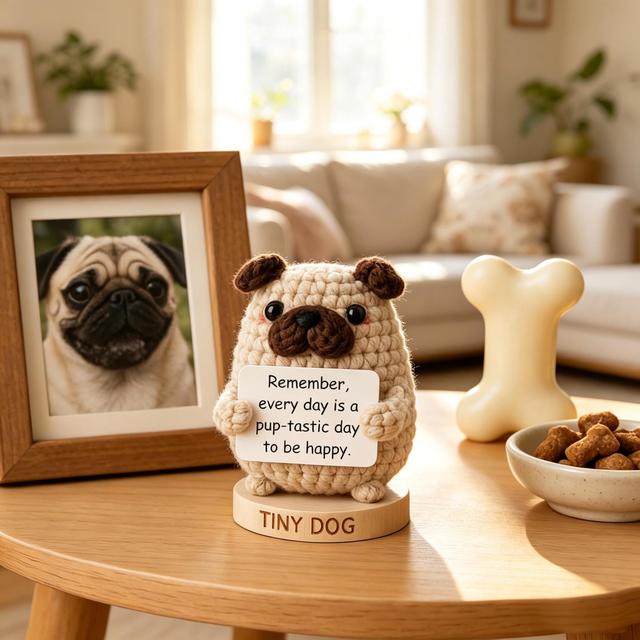 Handgehäkelter Mops-Amigurumi: Individuell gestaltete Welpenpuppe mit positivem Spruch, Schreibtischdeko zur emotionalen Unterstützung, aufmunterndes on Productcaster.