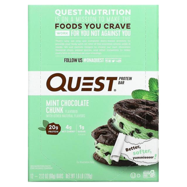 Quest Nutrition, Protein Bar, Mint Chocolate Chunk, 12 Bars, 2.12 oz (60 g) Each on Productcaster.