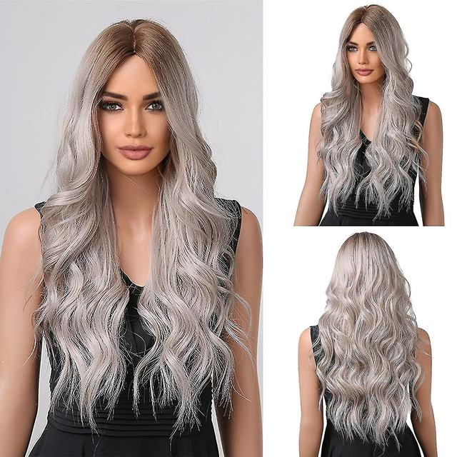 Une longue perruque ondule ombre marron gris cendr pour femme cheveux synthtiques naturels rsistant la chaleur perruques pour fte quotidienne co on Productcaster.