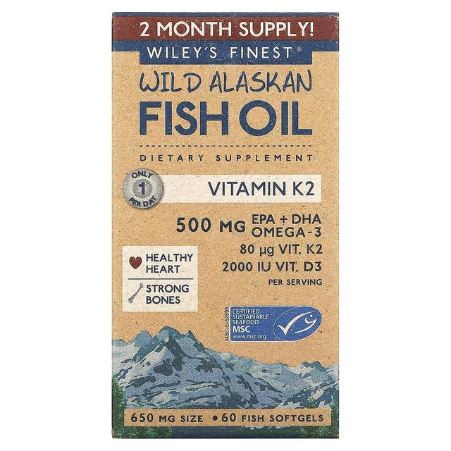 Wileys Finest Wiley's Finest, Wild Alaskan Fish Oil, Vitamin K2, 650 mg, 60 Fish Softgels on Productcaster.