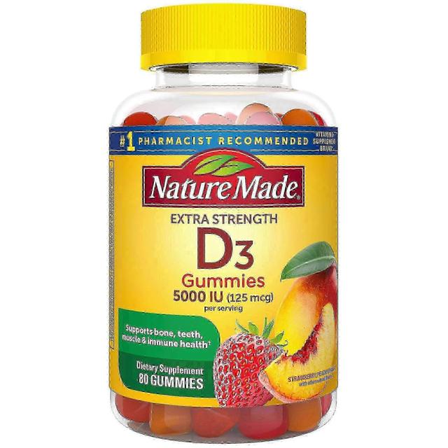 Nature Made Natureza fez força extra vitamina d3 5000 iu, 125 mcg, goma, morango, pêssego & manga, 80 ea on Productcaster.