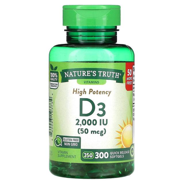 Nature's Truth Luonnon totuus, voimakas D3-vitamiini, 50 mcg (2,000 IU), 300 nopeasti vapautuvaa pehmeää geeliä on Productcaster.