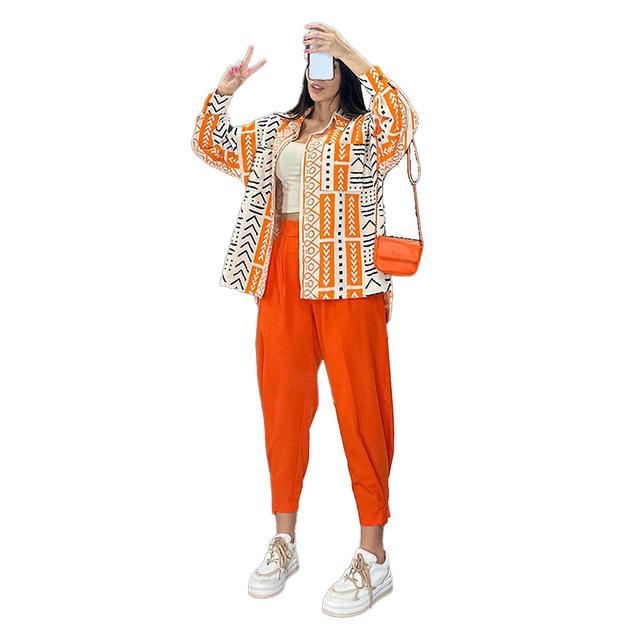 Women 2 Piece Outfits Tapered Cuff Pants Graphic Printing Top Loose Fit Loungewear Set Orange L on Productcaster.