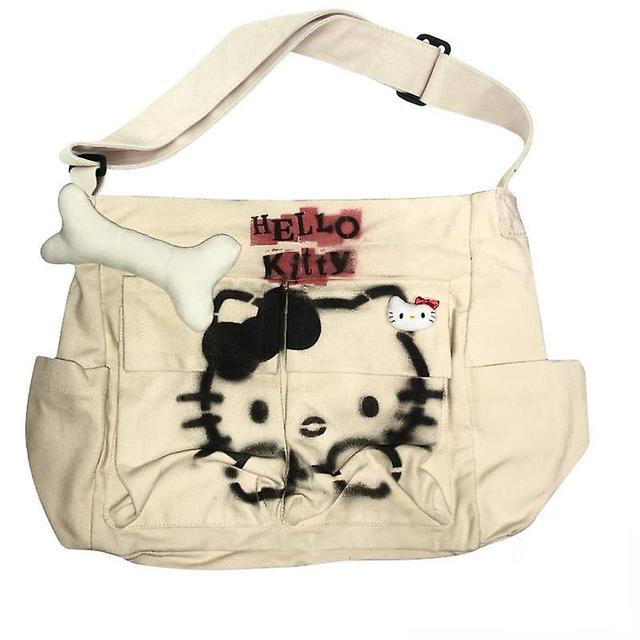 Duqi Backpacks for Women cute Hello Kitty Hand-Painted Inkjet Distressed Cotton Linen Millennium Hot Girl Messenger Trendy Bag Beige on Productcaster.