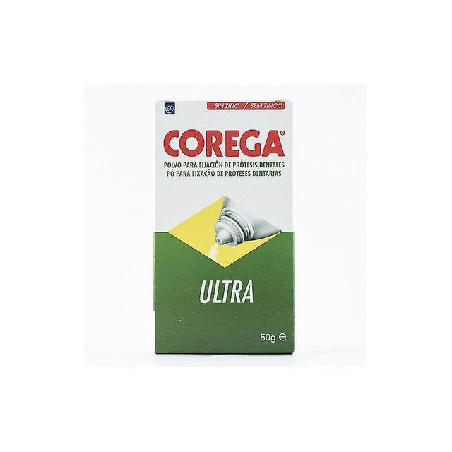 GSK "Corega ultra zelfklevend poeder 50g: onovertroffen fixeermiddel voor prothesefixeermiddel voor de hele dag comfort" on Productcaster.