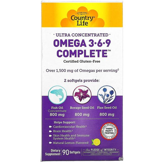 Country Life, Ultra Geconcentreerde Omega 3-6-9 Compleet, Natuurlijke Citroen, 90 Softgels on Productcaster.