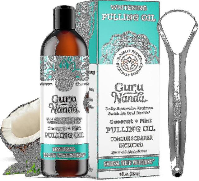 Gurunanda Oil Pulling (8 uncji) z olejkiem kokosowym i miętowym ze skrobaczką do języka wewnątrz on Productcaster.