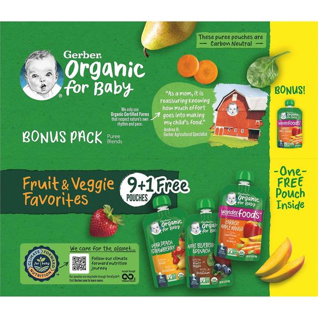 Gerber, Organic for Baby, 2nd Foods, Fruit & Veggie Favorites, 9 Pouches, 3.5 oz (99 g) Each on Productcaster.