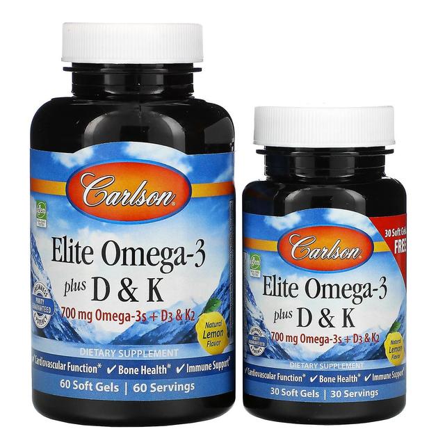 Carlson, Elite Omega-3 Plus D & K, Naturlig citronsmag, 60 + 30 gratis bløde geler on Productcaster.