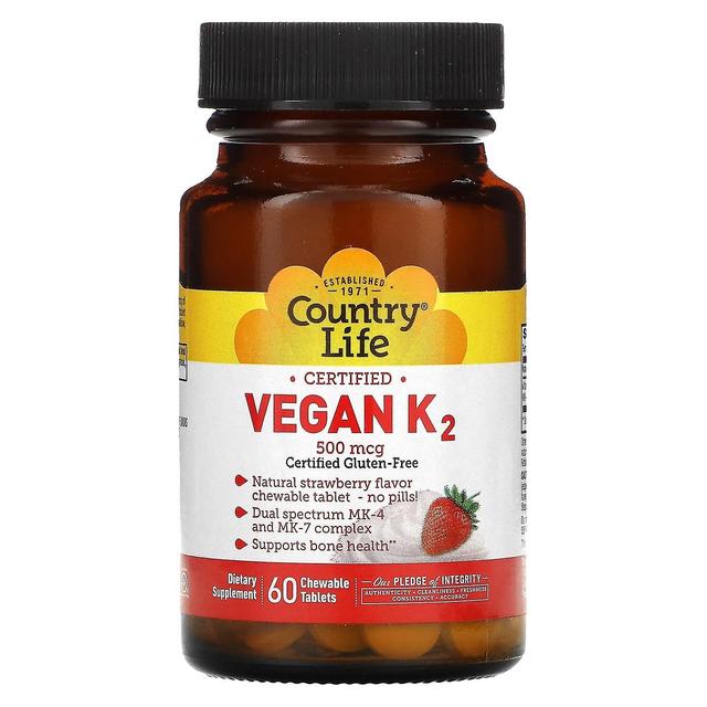 Country Life, Vegano certificado K2, Morango, 500 mcg, 60 comprimidos mastigáveis on Productcaster.