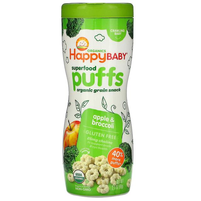 Happy Family Organics, Superfood Puffs, Lanche de Grãos Orgânicos, Maçã e Brócolis, 2,1 oz (60 g) on Productcaster.