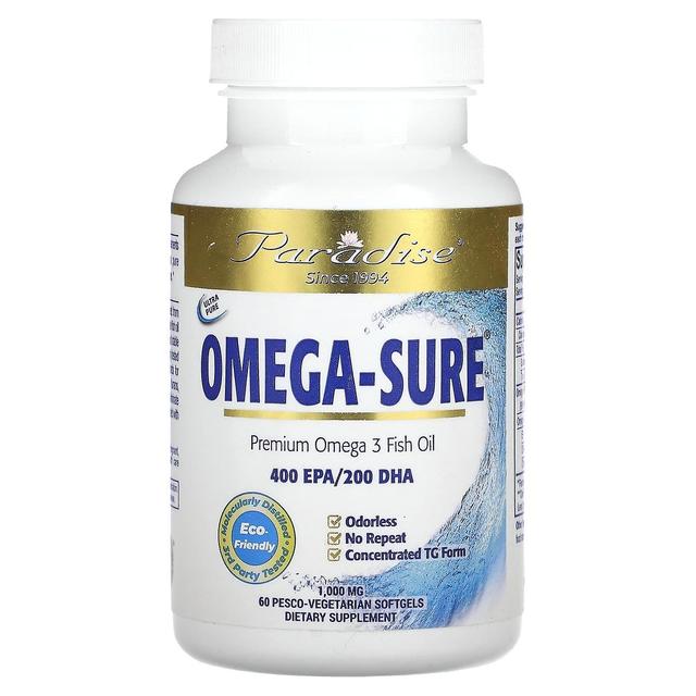 Paradise Herbs Paradise örter, Omega Sure, Premium Omega-3 fiskolja, 1,000 mg, 60 Pesco vegetariska Softgels on Productcaster.