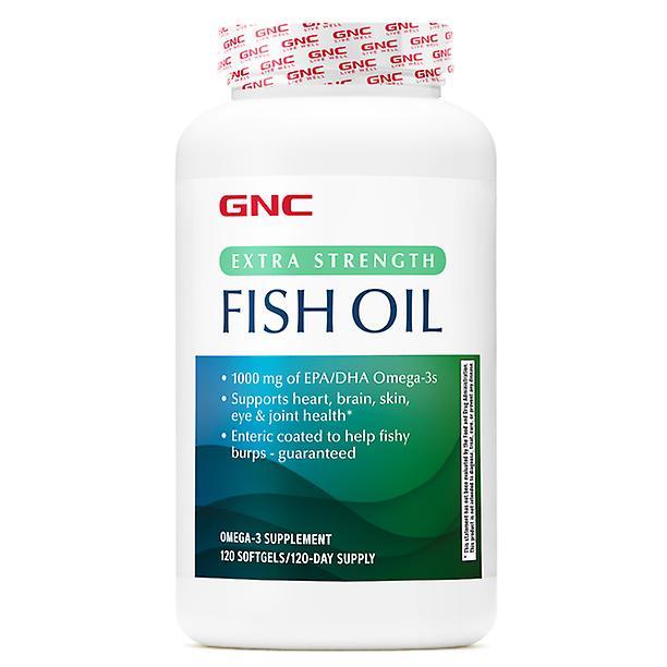 Gnc omega-3 fish oil extra strength, 120 softgel capsules, burp free, one per day, supports heart health on Productcaster.