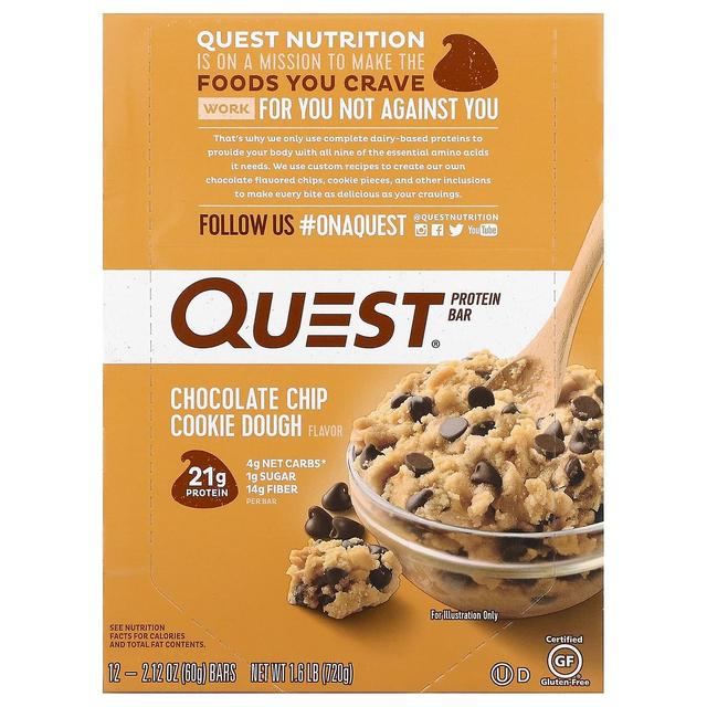 Quest Nutrition, Protein Bar, Chocolate Chip Cookie Dough, 12 Bars, 2.12 oz (60 g) Each on Productcaster.