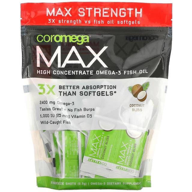 Coromega, Max High Concentrate Omega-3 Fish Oil, Coconut Bliss, 90 Squeeze Shots, 2.5 g Each on Productcaster.