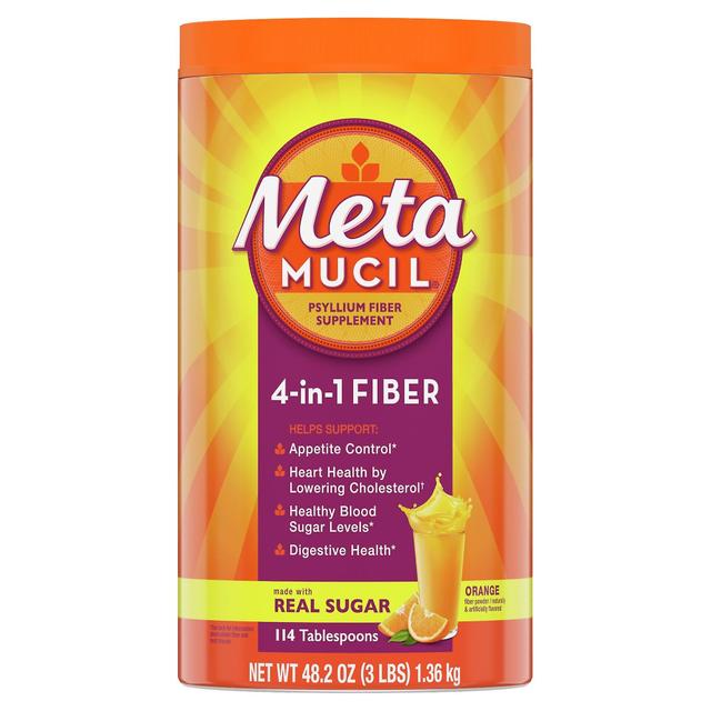 Metamucil psyllium fiber supplement powder, sugar, orange, 114 tbsp on Productcaster.