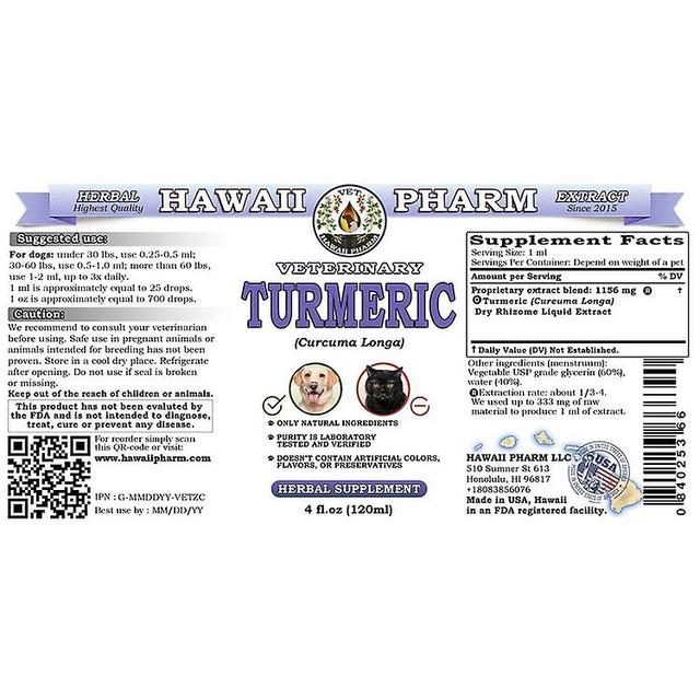 Hawaii Pharm Kurkuma (Curcuma longa) zertifizierter biologischer getrockneter Rhizom-Veterinär-natürlicher alkoholfreier Flüssigextrakt, pflanzlich... on Productcaster.