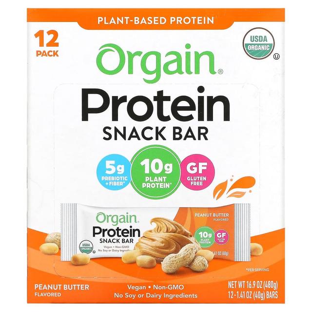 Orgain, Organic Plant-Based Protein Bar, Peanut Butter, 12 Bars, 1.41 oz (40 g) Each on Productcaster.