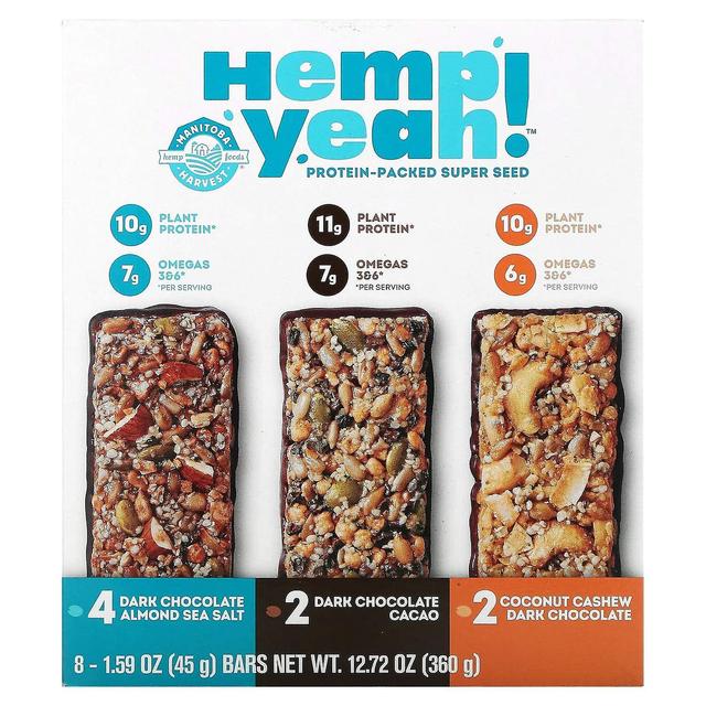 Manitoba Harvest, Hemp Yeah! Protein Bar, Variety Pack, 8 Bars, 1.59 oz (45 g) Each on Productcaster.