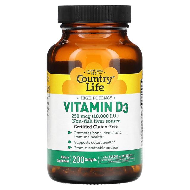 Country Life, High Potency Vitamin D3, 250 mcg (10,000 IU), 200 Softgels on Productcaster.