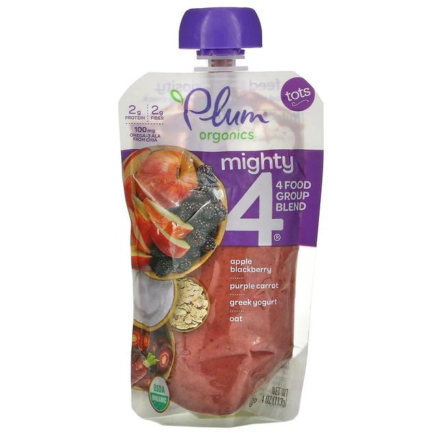 Plum Organics Blomme Økologi, Mighty 4, 4 Food Group Blend, Tots, Apple, Blackberry, Purple Carrot, Græsk yoghurt, O on Productcaster.