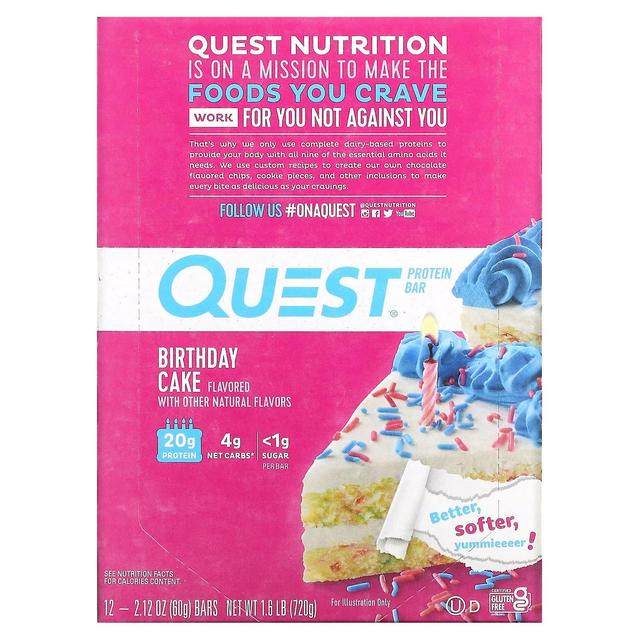 Quest Nutrition, Protein Bar, Birthday Cake, 12 Bars, 2.12 oz (60 g) Each on Productcaster.