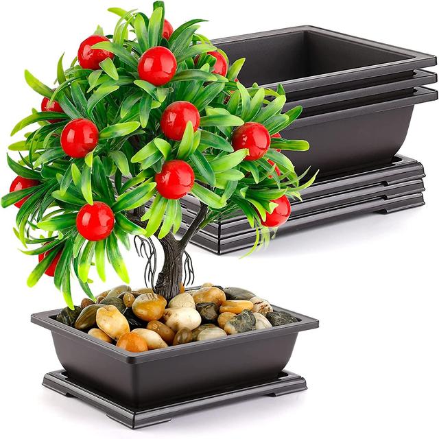 Hgbd-bonsai Pot 6.5 Inches, 6 Packs Rectangle Bonzai Training Pots With Drainage Trays, Plastic Flower Pot Humidity Trays, Square Potted Planter Pot F on Productcaster.