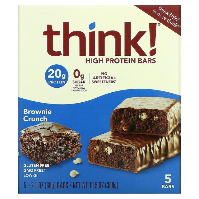 Think! Think !, High Protein Bars, Brownie Crunch, 5 Bars, 2.1 oz (60 g) Each on Productcaster.