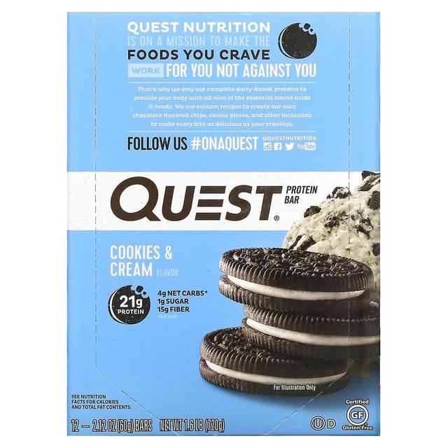 Quest Nutrition, Protein Bar, Cookies & Cream, 12 Bars, 2.12 oz (60 g) Each on Productcaster.