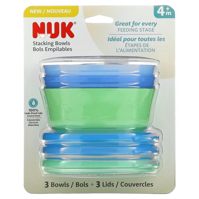 NUK, Stacking Bowls, 4+ Months, Blue & Green, 3 Bowls + 3 Lids on Productcaster.