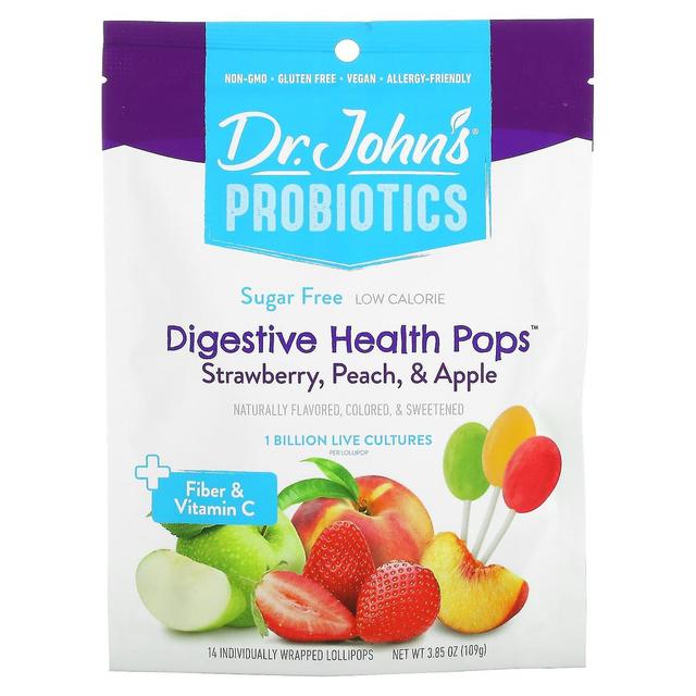 Dr. John's Healthy Sweets, probiotici, salute digestiva Pops, + fibre e vitamina C, fragola, pesca on Productcaster.