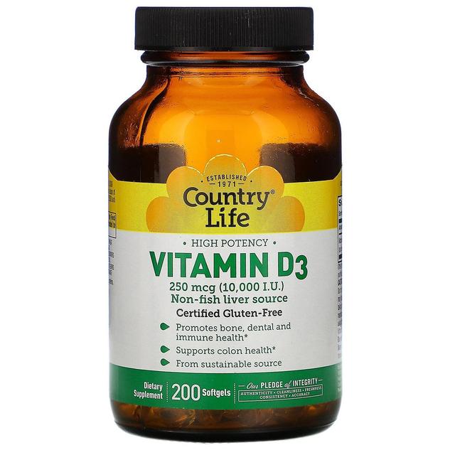 Country Life, High Potency Vitamin D3, 250 mcg (10,000 IU), 200 Softgels on Productcaster.