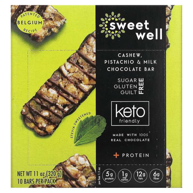 Sweetwell, Keto Bar, Cashew Pistachio & Milk Chocolate, 10 Bars, 1.1 oz (32 g) Each on Productcaster.