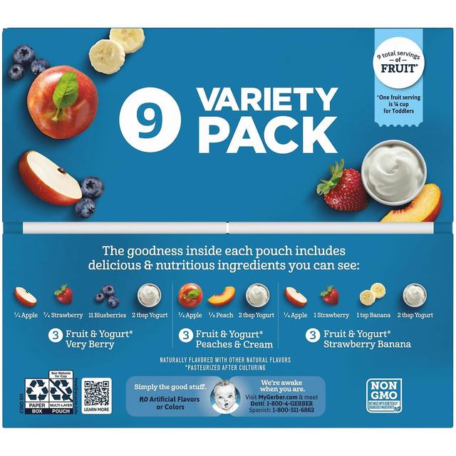 Gerber, Variety Pack, 12+ Months, Fruit & Yogurt, 9 Pouches, 3.5 oz (99 g) Each on Productcaster.