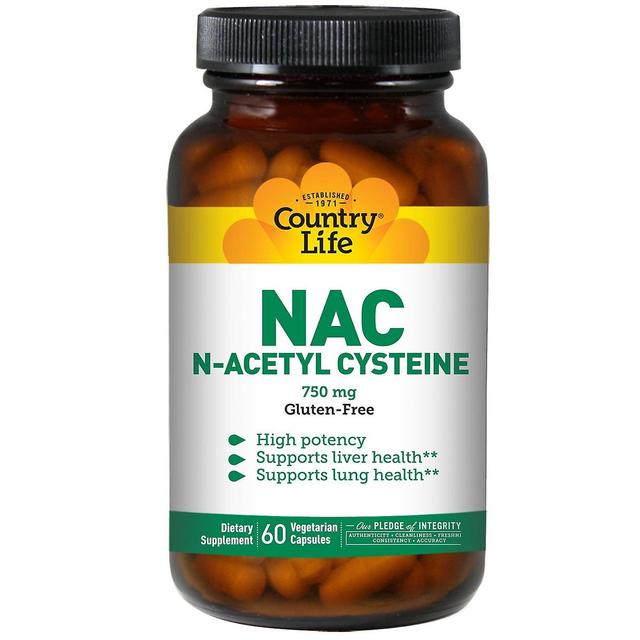 Country Life, NAC, N-asetyylikysteiini, 750 mg, 60 kasvissyöjäkapselia on Productcaster.