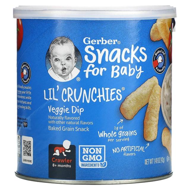 Gerber, Välipaloja vauvalle, Lil' Crunchies, Paistettu viljavälipala, 8+ kuukautta, Kasvisdippi, 1,48 oz (42 g) on Productcaster.