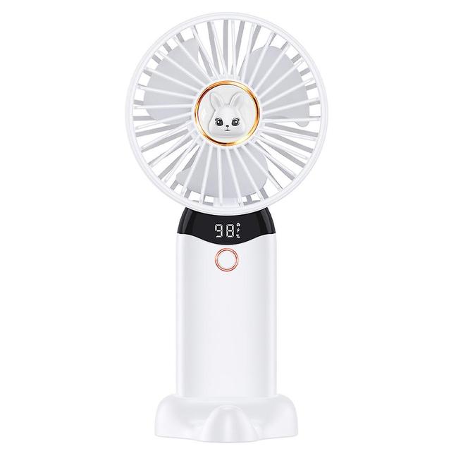 Cute Cartoon Handheld Mini Fan Portable Digital Display Cooling Fan With Stand White on Productcaster.