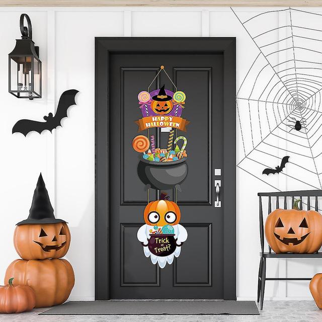 Dcorations de porte suspendues pour Halloween - Modle de citrouille fantme, dcorations d'Halloween, couronne de porte d'entre de fte d'Halloween, on Productcaster.