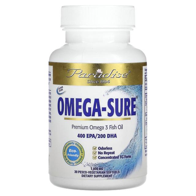 Paradise Herbs Paradise Urter, Omega Sure, Premium Omega-3 Fiskeolie, 1.000 mg, 30 Pesco Vegetariske Softgels on Productcaster.