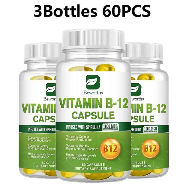 Eccpp Vitamin B12 Capsule 1000 Mcg Methyl B12 Organic Spirulina Supports Healthy Mood Energy Heart&eye Vitamin B12 Supplement 3Bottles 60pcs on Productcaster.